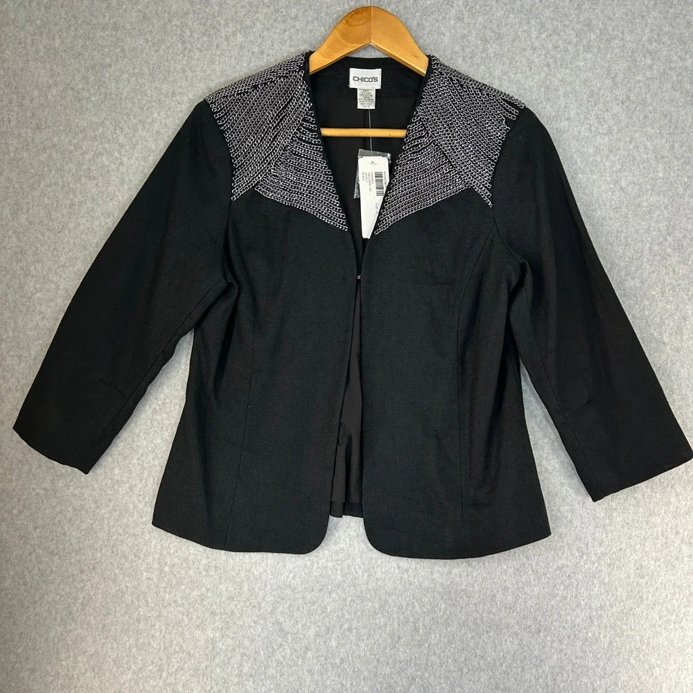 Chicos Chained Galloway 3/4 Jacket Black Linen Blend Silver Chain Size 0 / S NWT
